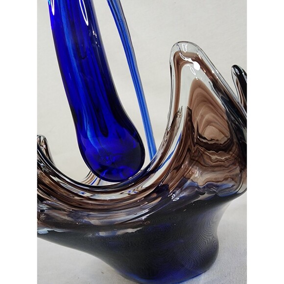 Vintage Sooner Ozark Art Glass Basket | Blue & Brown Swirl Hand-Blown | USA - Picture 11 of 15